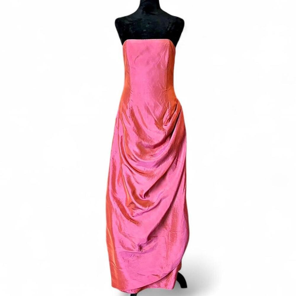 90s Strapless Pink Satin Maxi Dress – formal ruched gown M
